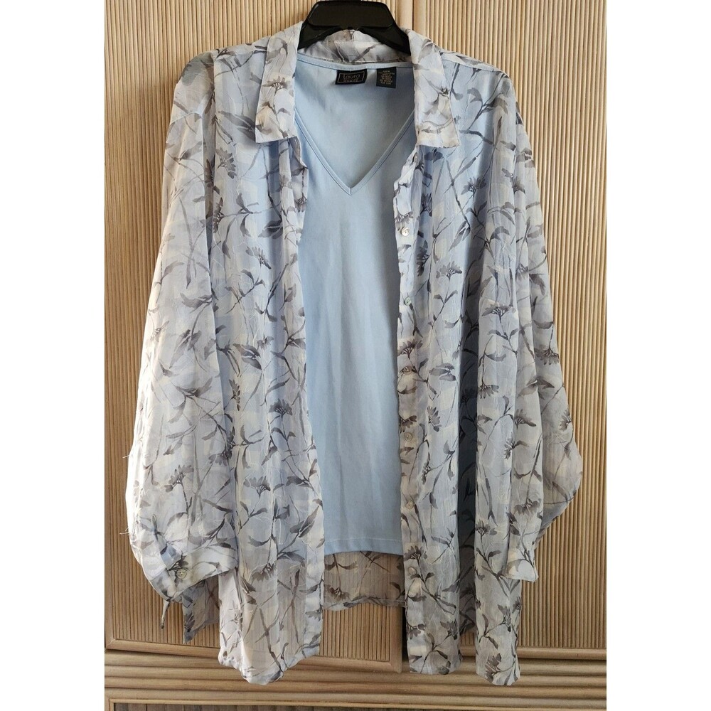 Laura Scott Women's 26W Blouse Tank Set Sheer Blue Gray Floral Button-Up V-Neck